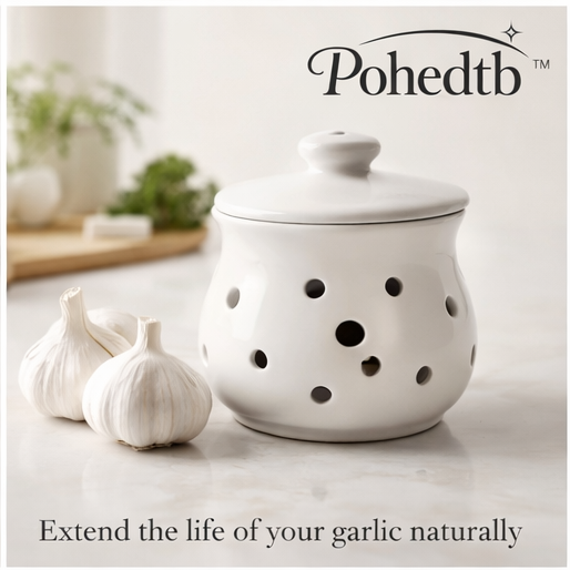 Pohedtb™ Ceramic Garlic Keeper with Ventilation Holes, garlic storage jar / kitchen garlic container / ceramic garlic keeper