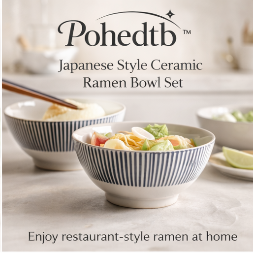 Pohedtb™ Japanese Style Ceramic Ramen Bowl Set, ramen bowl set / japanese noodle bowl / ceramic soup bowl