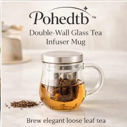 Pohedtb™ Double-Wall Glass Tea Infuser Mug, glass tea infuser mug / loose leaf tea cup / double wall tea mug